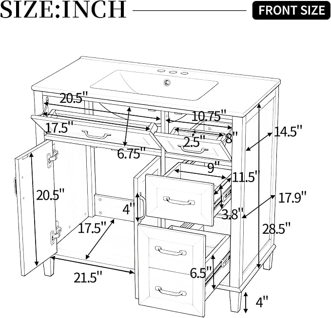 36 Inch Bathroom Vanities with Undermount Ceramic Sink, Storage Cabinet with Soft Closing Doors and Three Drawers, Solid Wood Frame, Natural Wood