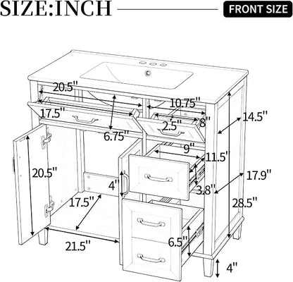 36 Inch Bathroom Vanities with Undermount Ceramic Sink, Storage Cabinet with Soft Closing Doors and Three Drawers, Solid Wood Frame, Natural Wood