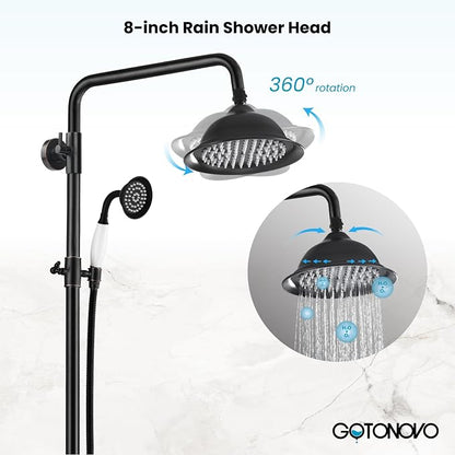 gotonovo Exposed Shower System with Spout,Oil Rubbed Bronze,No Shower Shelf | Brass Shower Faucet Set,8’’ Rain Head with Handheld Spray,Swivel Tub Spout,2 Cross Handle,6’’ Hole Distance,Adjustable Height