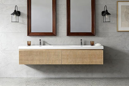 72" Floating Bathroom Vanity with Double Sinks, Wall-Mounted Striped Oak Cabinet, Soft-Close Drawer, Glossy White Basins & Natural Oak Finish - Elegant Large Bathroom Storage Solution