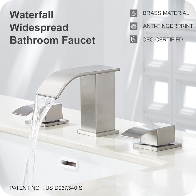 8 Inch Waterfall Bathroom Faucets 3 Hole - Brushed Nickel Widespread Bathroom Faucet with Pop-up Drain, Two Handles Bathroom Sink Faucet, Modern Vanity Sink faucets with Supply Lines