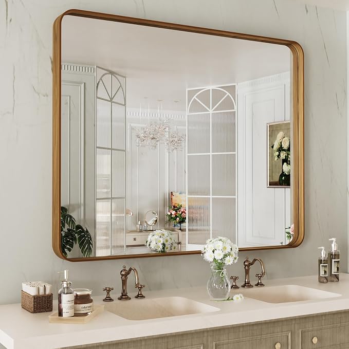 LOAAO 40X36 Inch Bathroom Mirror with Wood Grain Colored Metal Frame, Rounded Rectangle Metal Framed Bathroom Mirror, Anti-Rust, Hangs Horizontally or Vertically, Tempered Glass | Rounded Rectangle Metal Framed, Anti-Rust, Hangs Horizontally or Vertica...