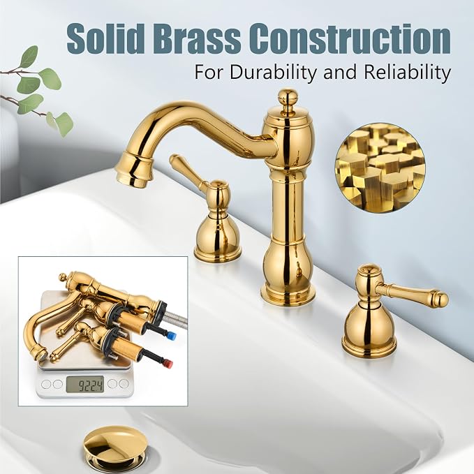 Widespread Bathroom Sink Faucet 3 Hole Metal Lever Polish Gold | Vintage Brass Sink Faucet,2 Handle,Pop Up Drain,cUPC Hose,for 8 Inch,6-16″Centerset Basin,Farmhouse,RV,Vanity,Lavatory