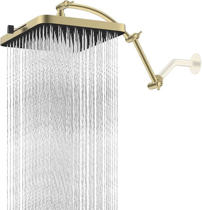 Hibbent Rain Shower Head, 13'' High Pressure Rainfall Square 5 Spray Mode Showerhead with 16" Shower Head Extension Arm, Solid Brass Adjustable Shower Arm Extender, Brushed Gold