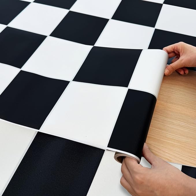 Lareko Black & White Vinyl Flooring Roll,11.8"X630", Peel & Stick Floor Tile | Covers 52 Sq.Ft,Checkered Marble Self-Adhesive Floor Sheet ,Waterproof,Removable,Wide Plank DIY For renters and Home Decor