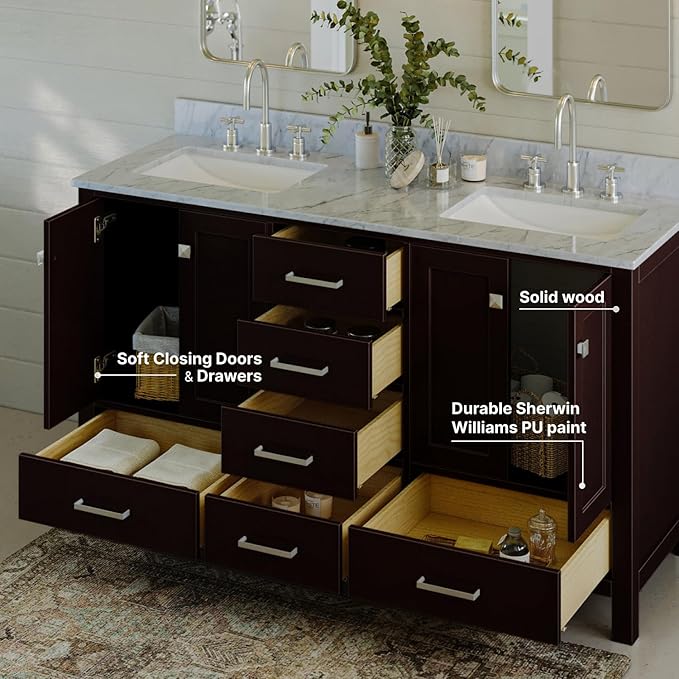 ARIEL Cambridge 60-inch Bathroom Vanity with Sink,Solid Wood, 0.75-inch Italian Carrara Marble Countertop, Double Rectangular Porcelain Sink, 4 Soft Closing Doors, 6 Dovetail Drawers, Espresso