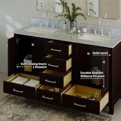 ARIEL Cambridge 60-inch Bathroom Vanity with Sink,Solid Wood, 0.75-inch Italian Carrara Marble Countertop, Double Rectangular Porcelain Sink, 4 Soft Closing Doors, 6 Dovetail Drawers, Espresso