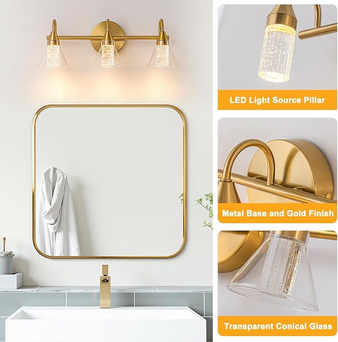 WILON Bathroom Vanity Light, 3-Light LED Vanity Light Fixtures Over Mirror | Gold Bathroom Light Fixtures with 5 Color Modes 2700K-6500K, Crystal Column