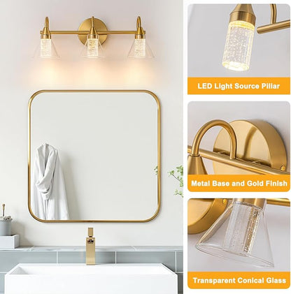 WILON Bathroom Vanity Light, 3-Light LED Vanity Light Fixtures Over Mirror | Gold Bathroom Light Fixtures with 5 Color Modes 2700K-6500K, Crystal Column