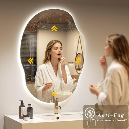 OKPAL Backlit Irregular LED Bathroom Mirror with Lights, 24x32 Asymmetrical Leaf-Shaped Ligthed Vanity Mirror for Wall, Anit-Fog, Dimmable, Memory, Shatterproof, UL (Horizontal/Vertical)