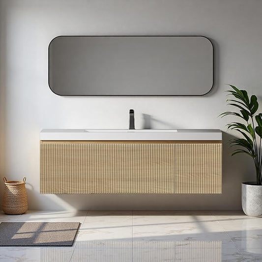 48'' Floating Bathroom Vanity with Sink, Wall-Mounted Bathroom Storage Cabinet with Soft-Close Striped Drawer, Cabinet Door & Solid Surface Basin, Natural Oak Body with Internal Handle, Wood