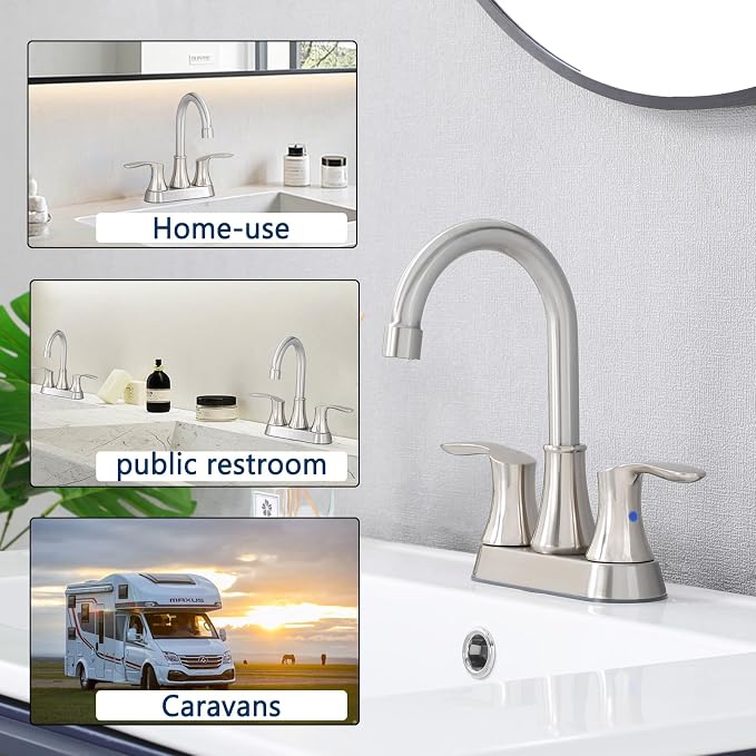 Friho 4 Inch Centerset Bathroom Faucet 2 Pack, 3 Hole Brushed Nickel Lead-Free 2-Handle RV Commercial Vanity Faucet with Drain Stopper & Supply Hoses