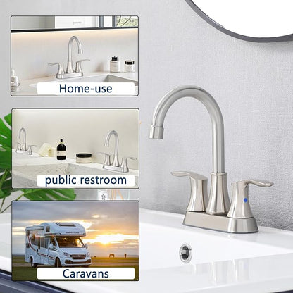Friho 4 Inch Centerset Bathroom Faucet 2 Pack, 3 Hole Brushed Nickel Lead-Free 2-Handle RV Commercial Vanity Faucet with Drain Stopper & Supply Hoses