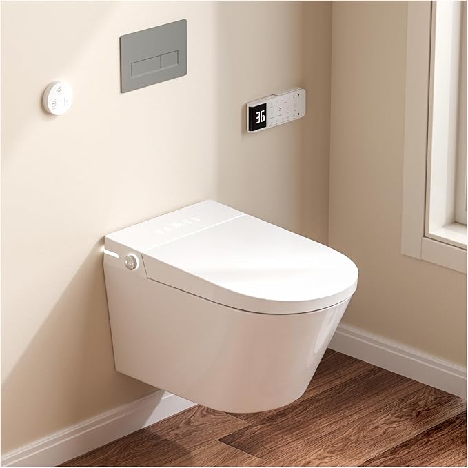 Wall Hung Smart Toilet, Elongated Wall Hung Toilet with Bidet Built In, Heated Seat, Warm Water Wash, Air Dryer, Auto Flush, Foot Sensor Flush, Auto Open and Close Lid