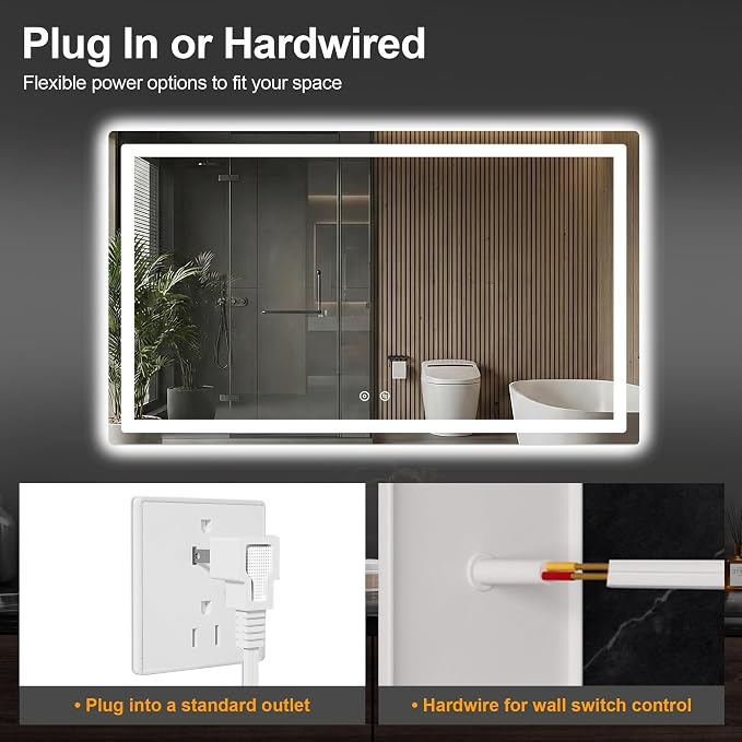 LED Bathroom Mirror with Lights, 30 x 50 Lighted Vanity Wall Mirror | Backlit and Frontlit, Anti-Fog, Dimmable 3 Colors, Shatter-Proof Tempered Glass, Memory Function, Plug-in/Hardwired