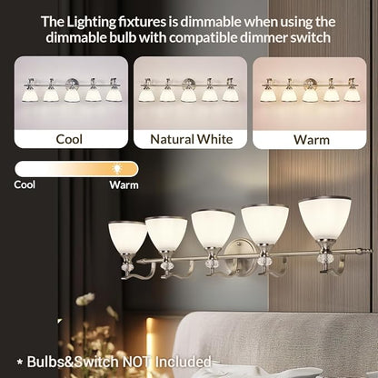 Bathroom Lighting Fixtures, 5-Light Brushed Nickel Vanity Light with Milky Glass Shade, 35" Large Vanity Lights for Bathroom, E26 Socket, for Mirror, Living Room, Bedroom, Hallway