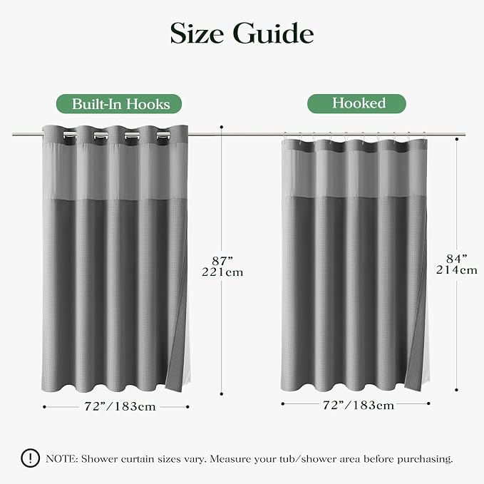 Grey Hook Free Waffle Shower Curtain & Snap-in Fabric Liner,72x87 | Less Time to install, 3 in 1 Fabric Shower Curtain and Liner Set with Magnets, Extra Long, Shower Curtains for Bathroom