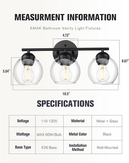 Emak 3-Light Vanity Lights for Bathroom, Black Light Fixtures Over Mirror, Globe Vanity Light with Clear Glass Shade, VL114-BKL-3
