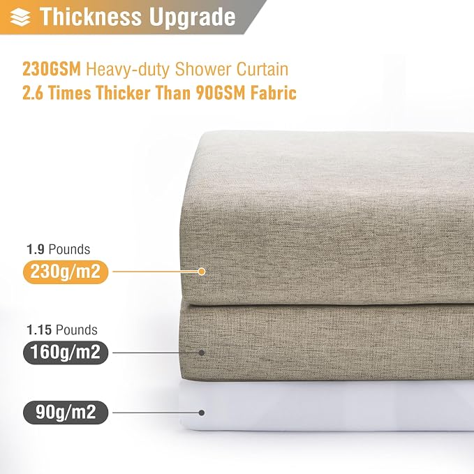 72x84 Long Linen Textured Waterproof Fabric Shower Curtain, Khaki/Tan | Heavy Duty Polyester Cloth, 12 Plastic Hooks, Elegant Drape, Modern Hotel Style, Bathroom Decor, Machine Washable, Quick-dry