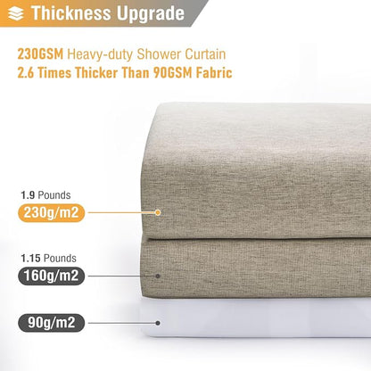 72x84 Long Linen Textured Waterproof Fabric Shower Curtain, Khaki/Tan | Heavy Duty Polyester Cloth, 12 Plastic Hooks, Elegant Drape, Modern Hotel Style, Bathroom Decor, Machine Washable, Quick-dry