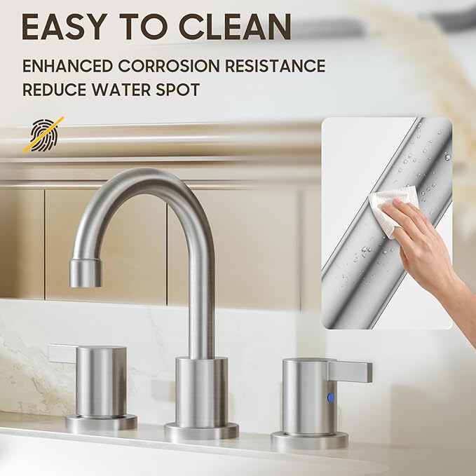 Widespread 8 Inch Lead-Free Brushed Nickel Stain-Resistant Bathroom Faucet(Stainless Steel), 2 Handle 3 Hole Swivel Spout RV Bathroom Vanity Sink Faucet with Metal Drain & Supply line, BF03042-K01-GBN