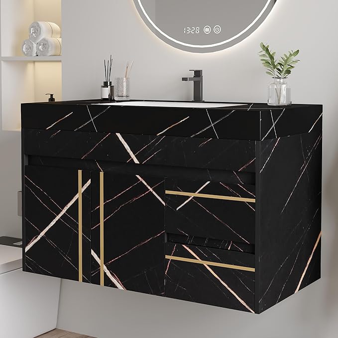 Goujxcy 35.4" Wall Mounted Bathroom Vanity with Sink, Modern Floating Bathroom Cabinet with Ceramic Sink & 2 Drawers, Wood Hanging Bath Room Cabinet with Soft-Close System (Black)