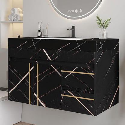 Goujxcy 35.4" Wall Mounted Bathroom Vanity with Sink, Modern Floating Bathroom Cabinet with Ceramic Sink & 2 Drawers, Wood Hanging Bath Room Cabinet with Soft-Close System (Black)