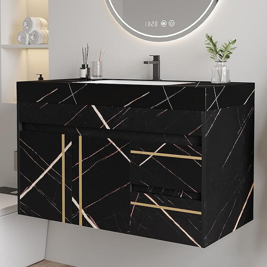 Goujxcy 35.4" Wall Mounted Bathroom Vanity with Sink, Modern Floating Bathroom Cabinet with Ceramic Sink & 2 Drawers, Wood Hanging Bath Room Cabinet with Soft-Close System (Black)