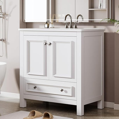 Tribesigns 30" Modern Bathroom Vanity with Sink, Freestanding Bathroom Vanities Cabinet with Ceramic Basin Combo, Bathroom Sink Cabinet with 2 Doors and 1 Drawer, Solid Wooden Frame, Black