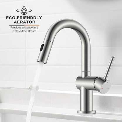 KENES Brushed Nickel Bathroom Faucet with Pull Down Sprayer, Single Handle Bathroom Sink Faucet with Pull Out Sprayer, Vanity Faucet with Pop Up Drain & Deck Plate, KE-9065B
