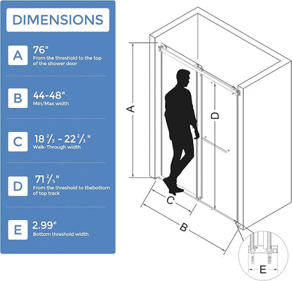 Frameless Stainless Steel Sliding Shower Door, 44-48" W x 76" H - 5/16" (8mm) Thick Tempered Glass Rust-Proof Glass Shower Door with Dual Tracks in Matte Black