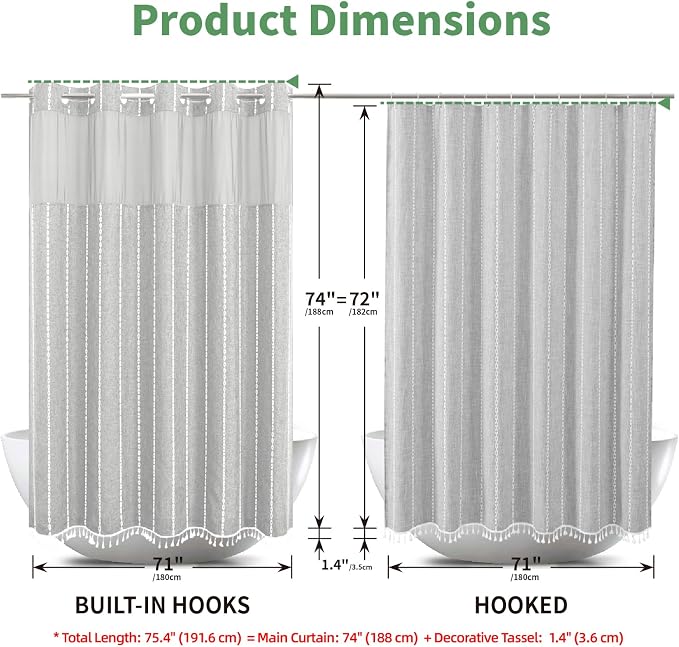 eachope Grey Farmhouse No Hook Shower Curtain Set with Snap-in Fabric Liner,Boho Heavy-Duty Linen Textured Rustic Striped Design,Water-Repellent with Tassels and Sheer Window,Gray,71x74 | Snap-in Liner,330GSM Thick Linen Textured Rustic Striped Design,...