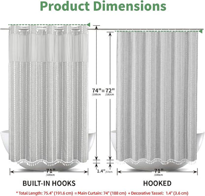 eachope Grey Farmhouse No Hook Shower Curtain Set with Snap-in Fabric Liner,Boho Heavy-Duty Linen Textured Rustic Striped Design,Water-Repellent with Tassels and Sheer Window,Gray,71x74 | Snap-in Liner,330GSM Thick Linen Textured Rustic Striped Design,...