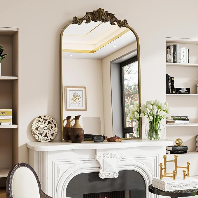 Dewfig Vintage Arched Wall Mirror, 36"x24" Antique Bronze Bathroom Mirror | Ornate Baroque Metal Frame Brass Mirror, Victorian Antique Bronze Mirrors for Living Room, Bathroom, Fireplace, Wall Decor