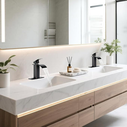 ORB Bathroom Faucets, Waterfall Bathroom Sink Faucet Modern Single Handle Bathroom Faucte 1 or 3 Hole, RV Mixer Tap Vanity Faucet - Includes Pop-up Drain Supply Hoses Deck Plate