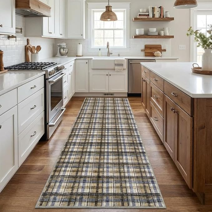 Washable Rugs 2x10 Runner Rug Modern Bordered Bathroom Rugs Non Slip Kitchen Runner Low Pile Entryway Rug Soft Runners Stain Resistant Carpet for Laundry Hallway Bedside 2'x10' Blue&Camel