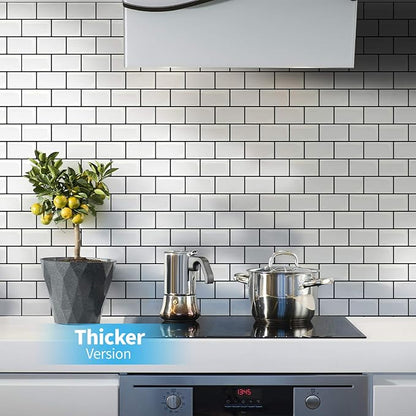 Art3d Peel and Stick Backsplash for Kitchen White Subway (10 Tiles, Thicker Design) | Thickened Design, No Warping, Durable, Self-Adhesive, Sturdy, for Kitchen, Bedroom, Ideal for New Home Buyers, Future Movers