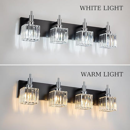 Black Chrome Bathroom Vanity Lights, Modern 4 Lights Crystal Bathroom Lighting Fixtures Over Mirror Crystal Wall Light with Square Shade