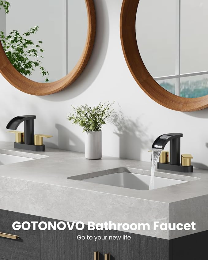 gotonovo 4’’ Centerset Bathroom Sink Faucet Waterfall Black&Brushed Gold | SUS304 Bathroom Faucet,2.17’’ Wide Spout,24’’ cUPC Water Line,Pop up Drain,2 Handle,Basin,Vanity,RV,Lavatory 2 or 3 Hole Sink
