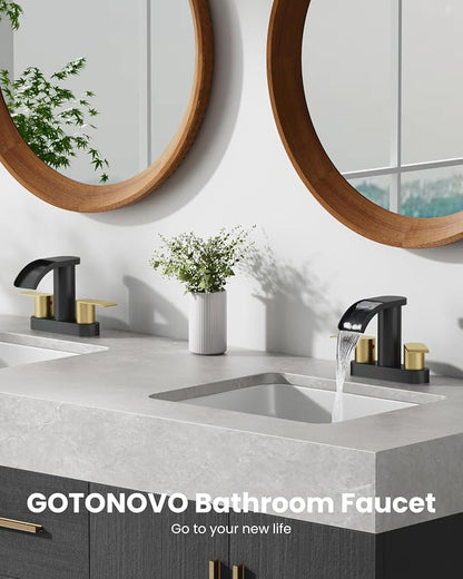 gotonovo 4’’ Centerset Bathroom Sink Faucet Waterfall Black&Brushed Gold | SUS304 Bathroom Faucet,2.17’’ Wide Spout,24’’ cUPC Water Line,Pop up Drain,2 Handle,Basin,Vanity,RV,Lavatory 2 or 3 Hole Sink