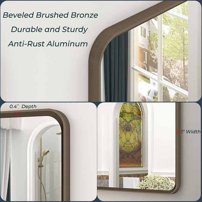 OKPAL 24x36 Bronze Bathroom Mirror, Brushed Metal Bathroom Vanity Mirrors for Wall, Bronze Rectangle Framed Bathroom Mirror, Anti-Rust (Horizontal/Vertical)