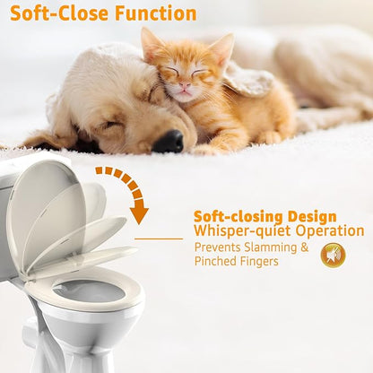 Round Toilet Seat Soft Close 16.5", Standard Universal Toilet Lid Round with PP Material Safe, Easy to Clean and Install, Ergonomic design, Never Loosens,2 Years Support, Almond Plastic
