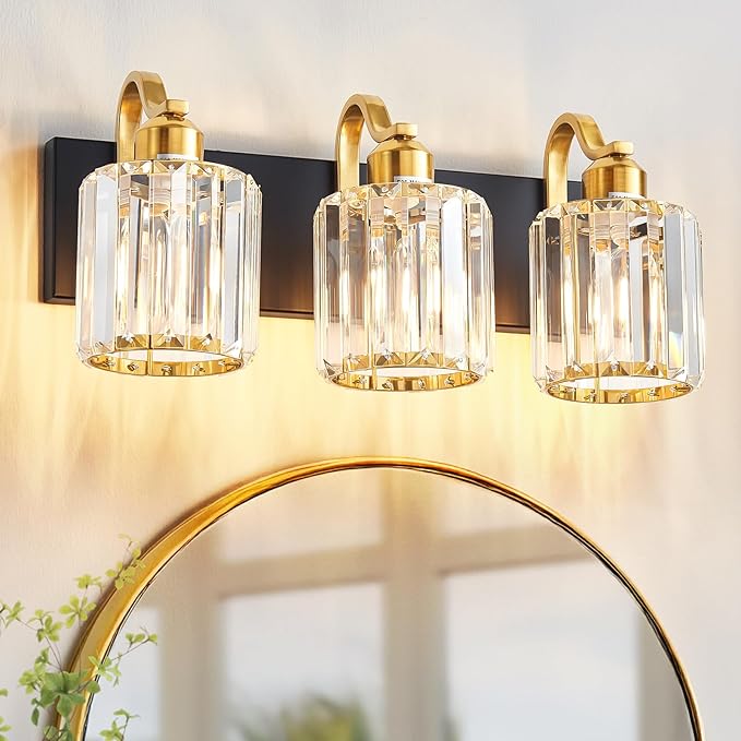Modern Crystal Bathroom Vanity Lights, Black and Gold 3-Lights Bathroom Light Fixtures Over Mirror, Crystal Wall Lighting for for Mirror Bedroom Living Room (Exclude Bulb)