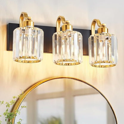 Modern Crystal Bathroom Vanity Lights, Black and Gold 3-Lights Bathroom Light Fixtures Over Mirror, Crystal Wall Lighting for for Mirror Bedroom Living Room (Exclude Bulb)