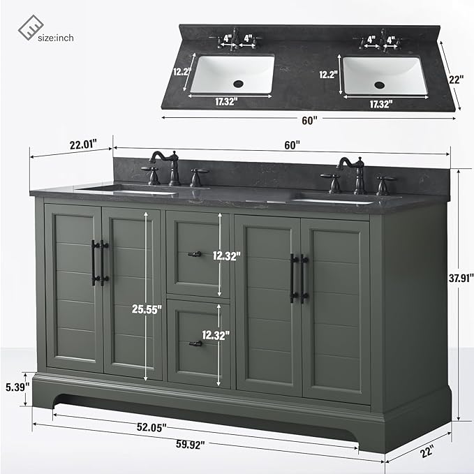 HOMEBEYOND 60 Inch Bathroom Vanity with Double Sink & Ceramic Top, Vanity Cabinet with Center Countertop Basin, Soft-Closing Doors, Backsplash,Vintage Green