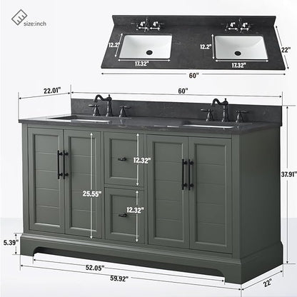 HOMEBEYOND 60 Inch Bathroom Vanity with Double Sink & Ceramic Top, Vanity Cabinet with Center Countertop Basin, Soft-Closing Doors, Backsplash,Vintage Green