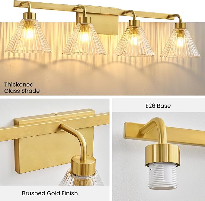 AIJIASI Bathroom Vanity Light Fixtures 4-Light Modern Vanity Lights for Bathroom Brass Gold Bathroom Lighting Fixtures Over Mirror with Ribbed Glass Shade for Bath Restroom 34 Inch