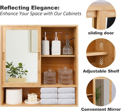 ZYBT Bamboo Bathroom Cabinet,Mirrored Medicine Cabinets,Bathroom Cabinet Wall Mounted with Storage,Medicine Cabinets with Mirror,Over The Toilet Storage with 2 Sliding Doors
