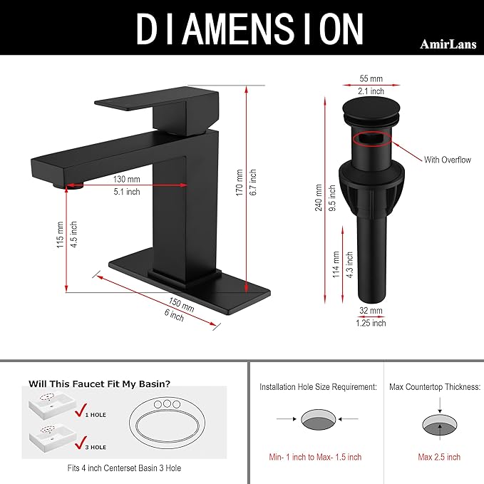 Black Faucet Bathroom, Stainless Steel Matte Black Bathroom Faucet Single Hole with Pop Up Drain, Single Handle Faucet AML-1141-BK