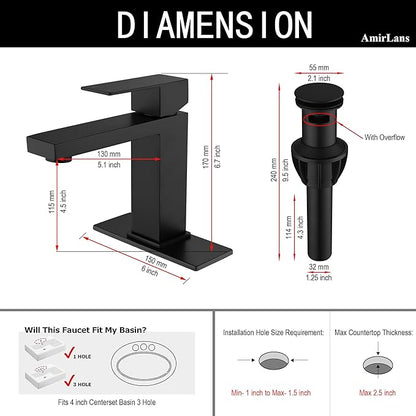 Black Faucet Bathroom, Stainless Steel Matte Black Bathroom Faucet Single Hole with Pop Up Drain, Single Handle Faucet AML-1141-BK